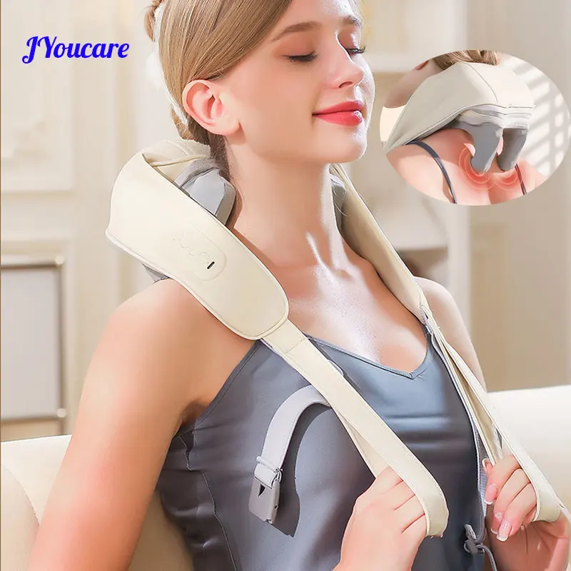 JYouCare electrical neck shoulder body massager Kneading Shiatsu Shawl Cervical back wireless Heating Massageador fatigue relief