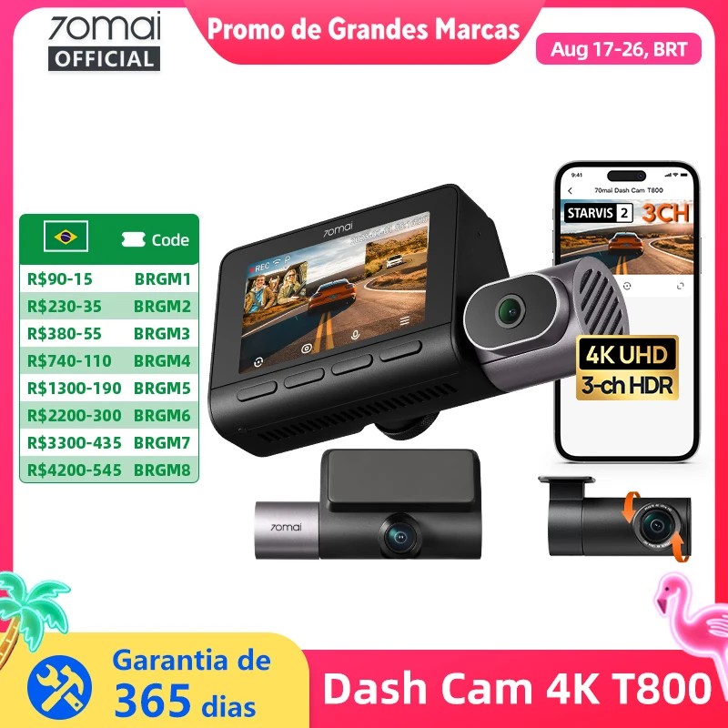 70mai traço cam 4k t800 3 canais hdr supercapacitor frente traseira cabine registro gps carro dvr 70mai t800 24h estacionamento guarda suporte 4g