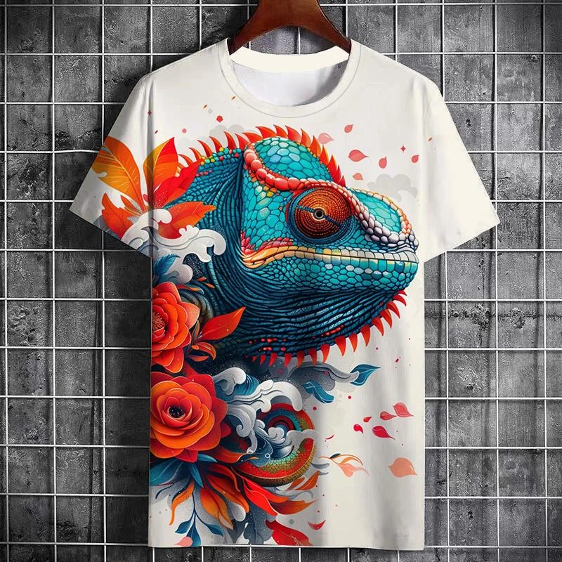 Novelty Lizard Pattern T Shirt Men Summer Fashion 3D Printed Personality Animal Short Sleeve O Neck Casual Harajuku Y2k Kid Tops
