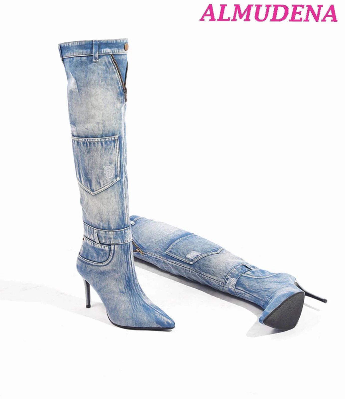 Women Blue Denim Over Knee Boots Luxury Designer Pointed Toe Slip on Stilettos Cowboy Long Boots Traf Office Shoes on Offer