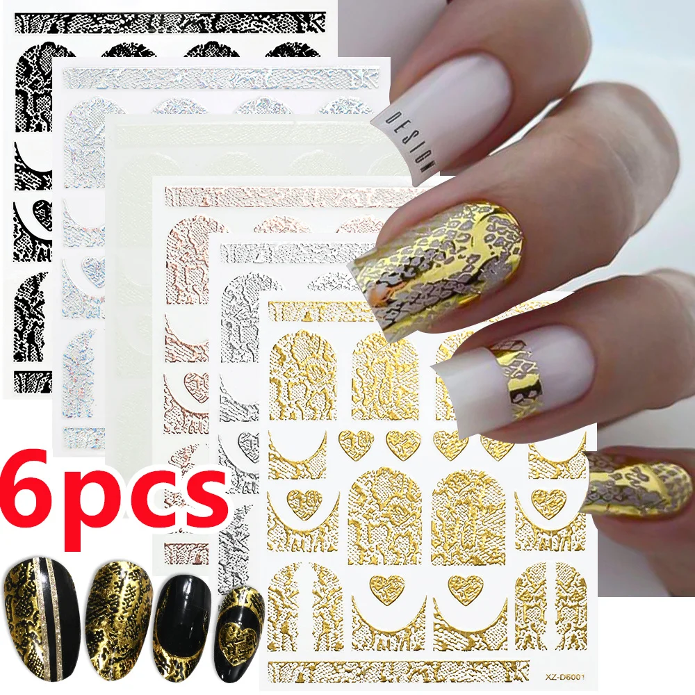 

6Pcs3D бронзовая наклейка для ногтей из змеиной кожи, французская/сердце, золото, серебро, змеиный принт, наклейка для ногтей, сделай сам, самоклеящаяся змеиная линия, слайдер для ногтей