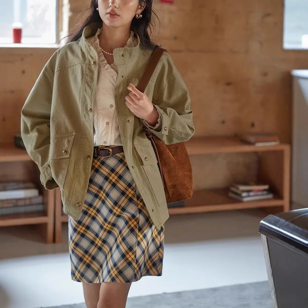 Vintage Stand-up Collar Tooling Jacket Women's Spring 2025 New Thin Loose Top