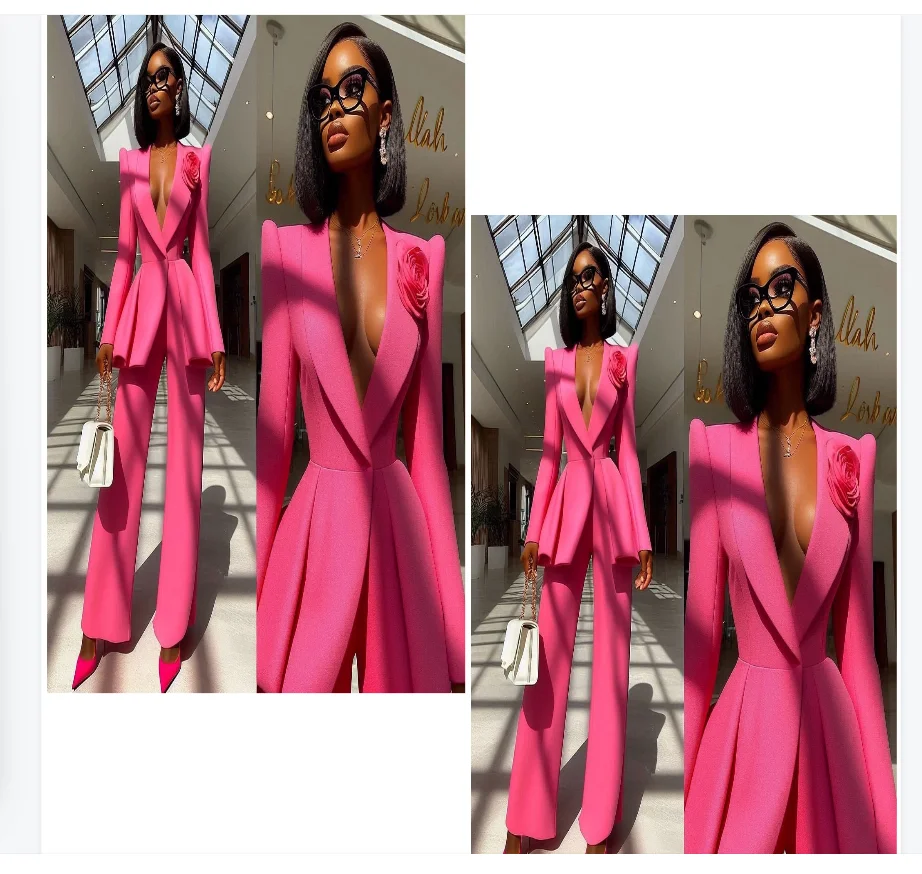 

Pink Women Suit Set 2 Pcs Blazer+Pants 3D Flower Autumn Ruffles Formal Office Lady Jacket Customized Guest Wedding Tuxedos Coat