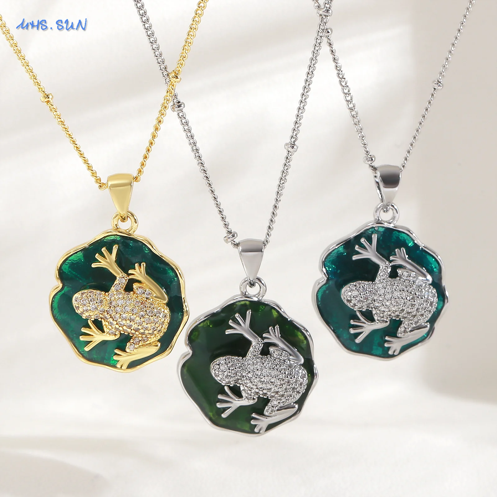 MHS.SUN فريد قطرة النفط لوتس ليف على شكل قلادة القلائد الذهب/الفضة اللون الضفدع مكعب الزركون سلسلة مجوهرات للنساء الرجال