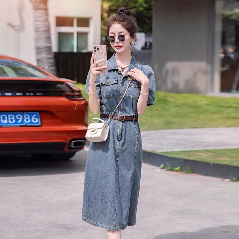 Gaun Denim wanita, lengan pendek kerah lipat, Dress setengah panjang musim panas pinggang tipis Vintage Fashion kasual 2024