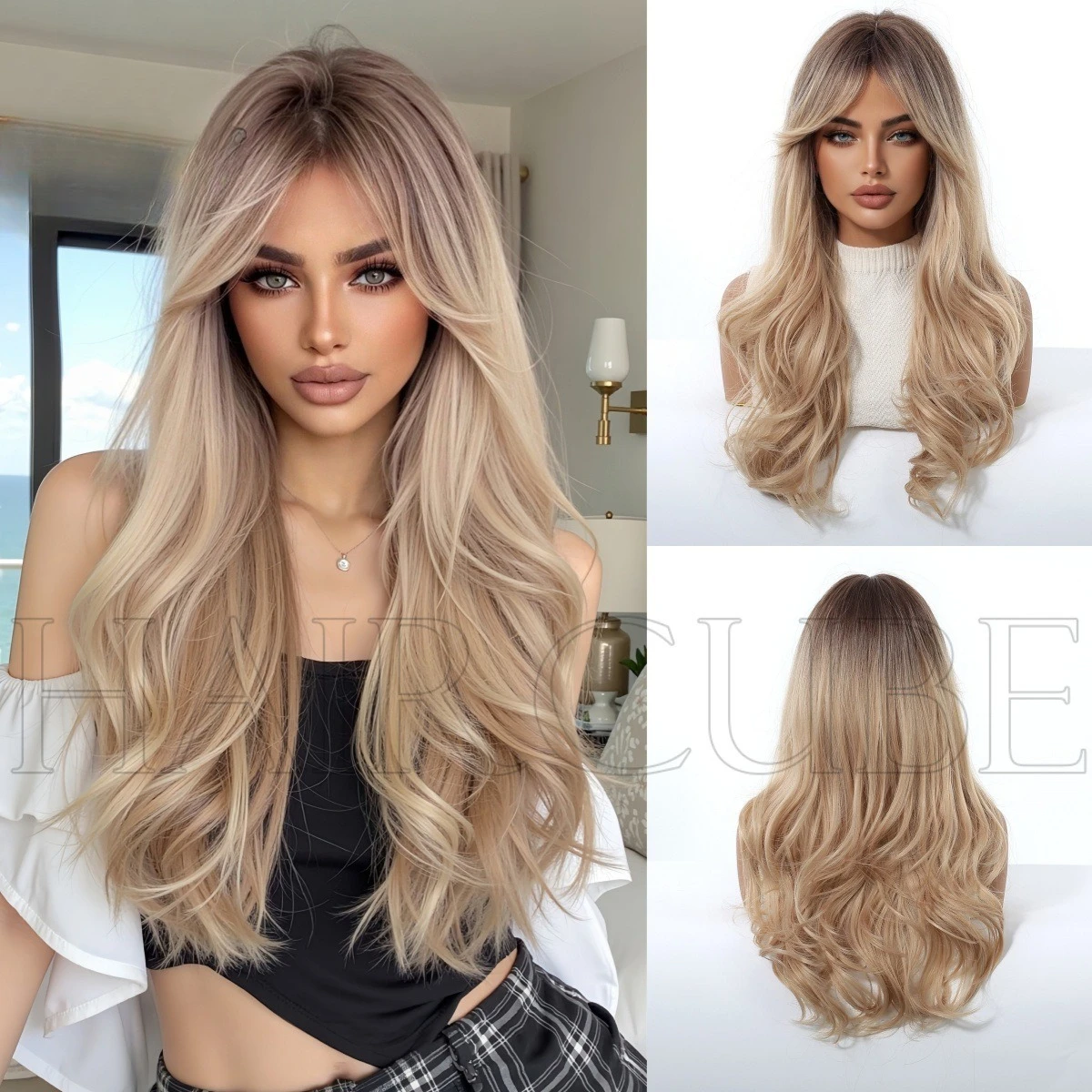 

European and American fashion long curly hair gradual change eight-character bangs gradual change golden chemical fiber wig fema