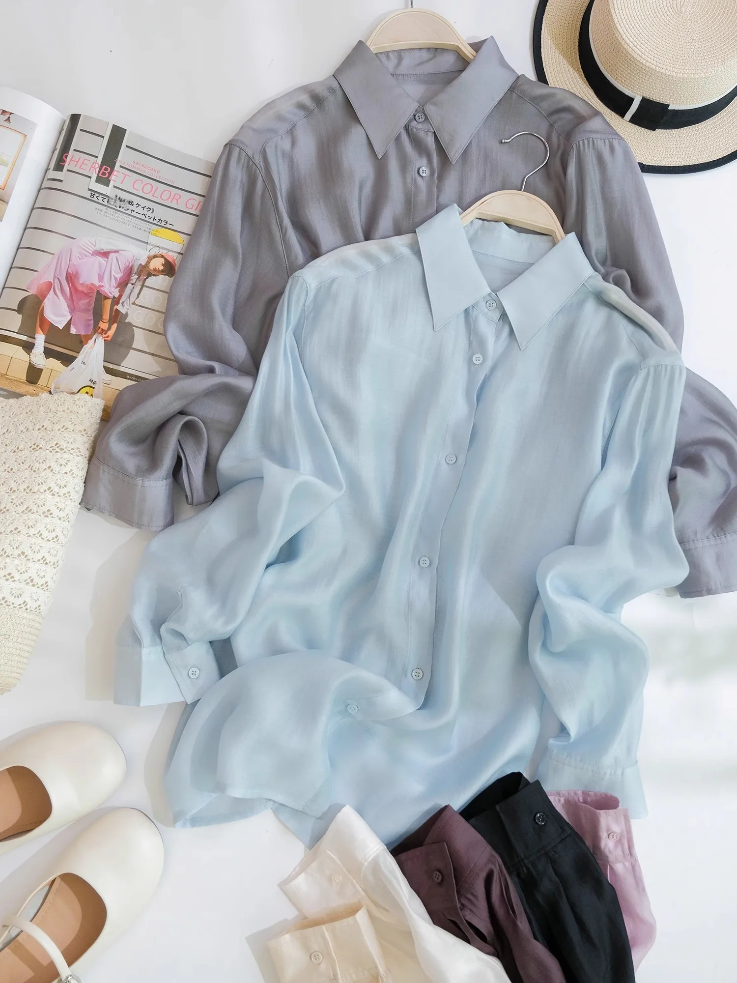 

Soft Collar Acetate irt Loose Slimming Pure Color Long Sve Women's Busin Casual irt Comfortable Breathable Summer S...