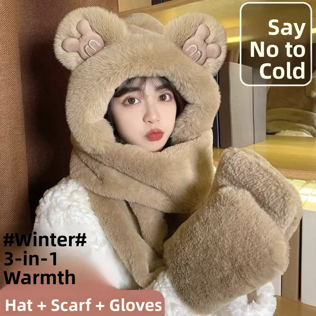 سميكة الدببة الضخمة الأذن دفئا قبعة وشاح قفازات مجموعة لطيف الحيوان نمط الخريف الشتاء الدافئة حماية قبعة ألياف البوليستر