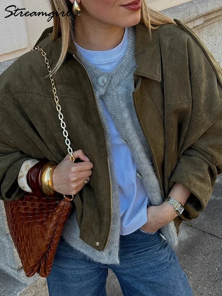 

Streamgirl Oversized Suede Jackets For Women Spring Long Sleeve Zipper Pink Bomber Coats Chic Ladies Outerwears Loose Jackets