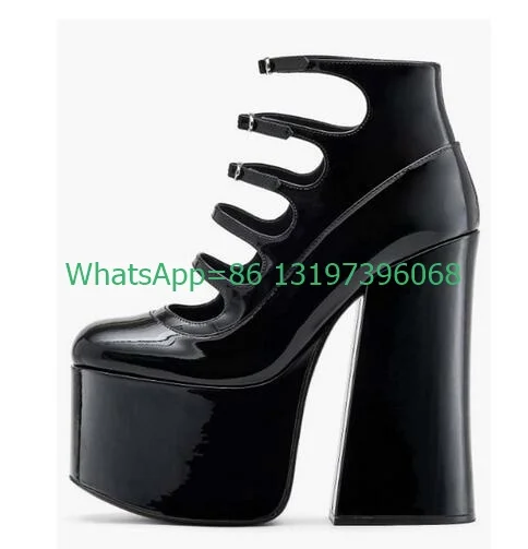 Lady Gothic Metallic Pu Black Mary Janes Boots Cut-Out Buckle Strap Footwear Rozmiar 3546, White Partten Printed Chunky Heel Runway