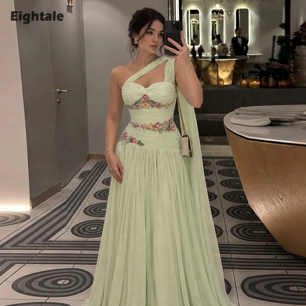 Eightale Arabic Evening Dress Customized Chiffon One Shoulder 3D Flowers A-Line Floor Length Muslim Prom Wedding Party Gown