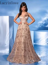 Lucyinlove Elegant V-Neck Floral Evening Dresses Long 2025 Luxury Women Satin A-line Sleeveless Party Prom Cocktail Gowns