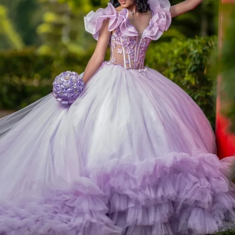 

A1746 Luxury Mexican Lilac Women Birthday Party Dress Cap Sleeve Flower Applique Corset Ball Gown Quinceanera 15 16 14Customized