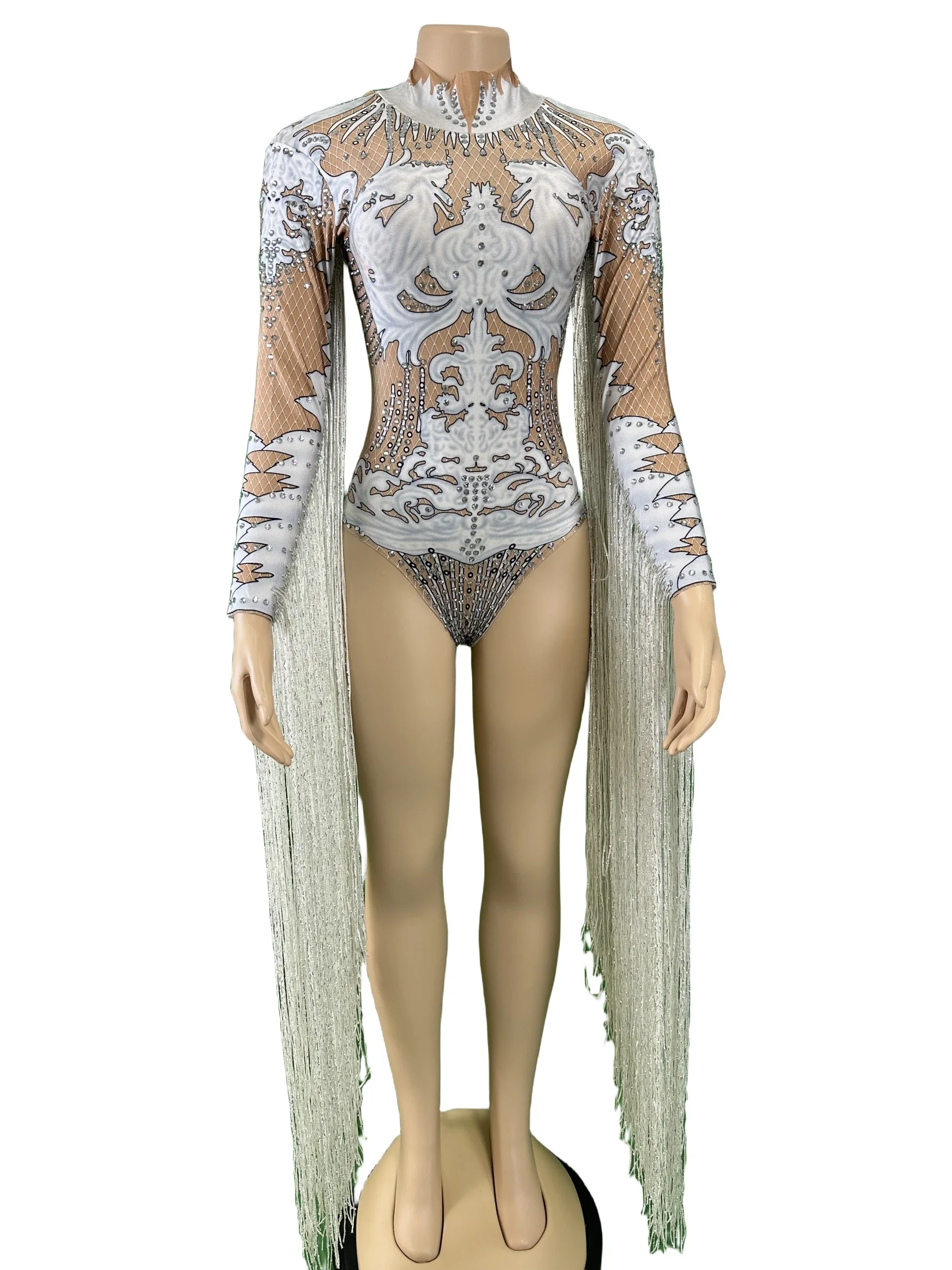 

Rave Festival Outfit White Tassel Rhinestone Bodysuits For Women Dancer Singer Stage Queen Costume Stretch Body Suits Night Club