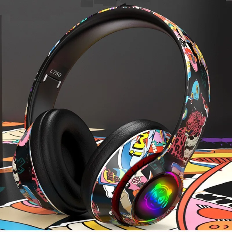 

New Bluetooth Headset Hand Drawn Graffiti Wireless Scalable Earphone LED RGB Colorful Game Headphone For PC Gamer Music Sport