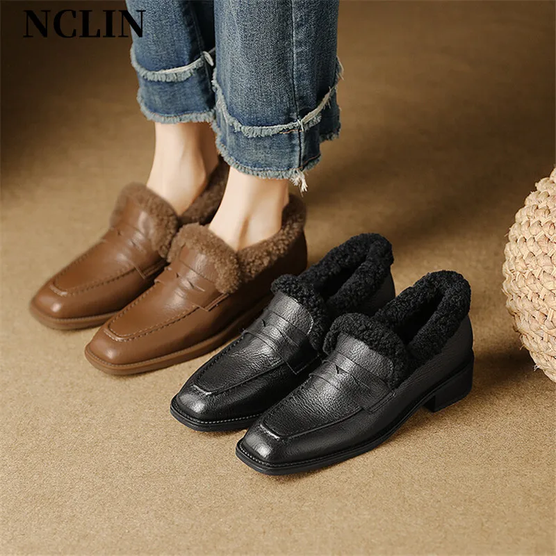 New Winter Genuine Leather Loafers Women Square Toe Shoes For Women Low Heel Women Pumps Versatile Chunky Heel Ladies Shoes