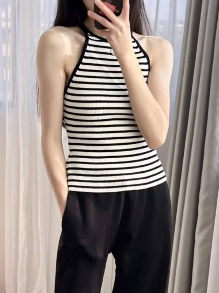 

Women Striped Knitted Vest Halterneck Sleeveless Slim Casual Summer 2024 Sling Tops