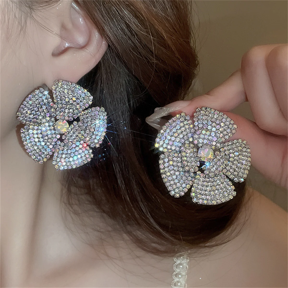 FYUAN Colourful Rhinestone Crystal Stud Earrings for Women Oversize Flower Crystal Earrings Party Weddings Jewelry