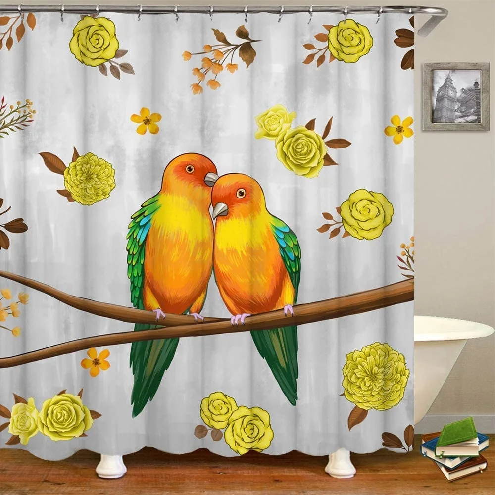 

Colorful Bird Shower Curtain Birds Tree Branch with Yellow Rose Flowers Pattern Bath Curtains Bathroom Decor Waterproof Screens