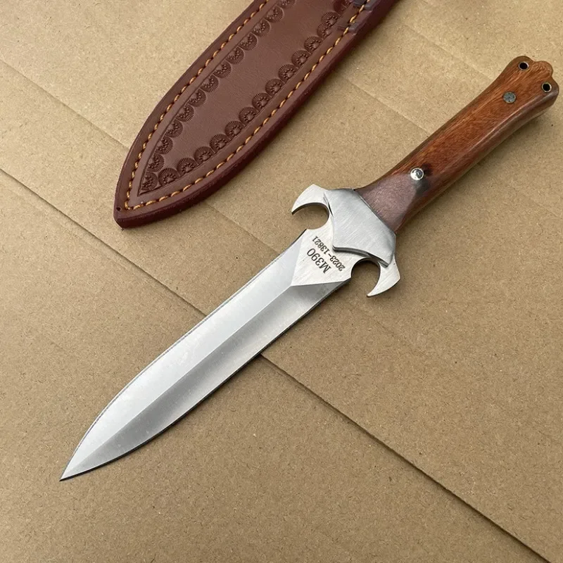 M390 Blade Rosewood Handle Tactical Hunting Knife Camping Survival Tool Edc Self defense Combat Knives with Leather Sheath