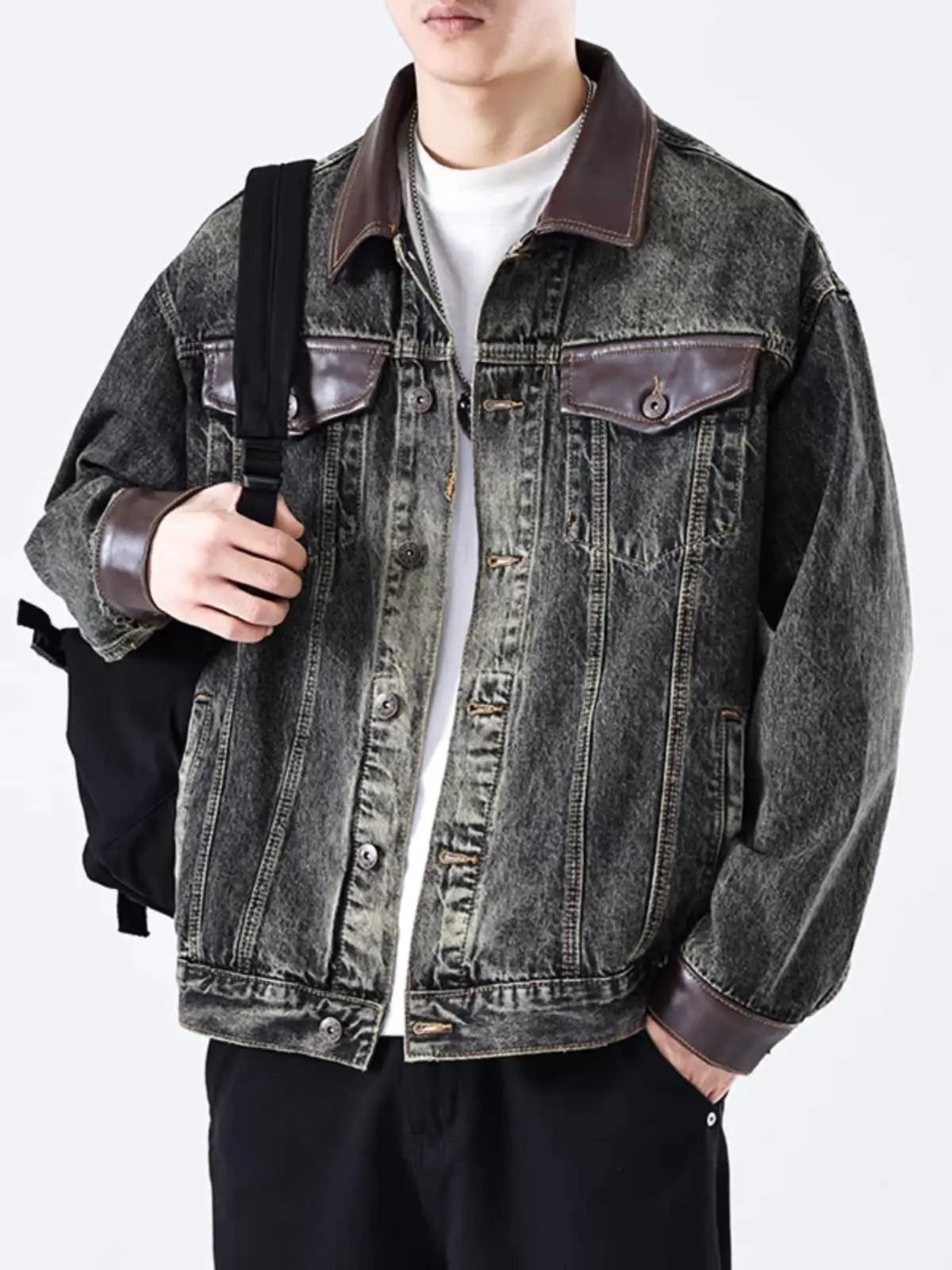 

Retro Heavyweight Leather Patchwork Embroidered Denim Jaet Loose Fit Casual Youthful Sle Cotton Polyester Blend Coat