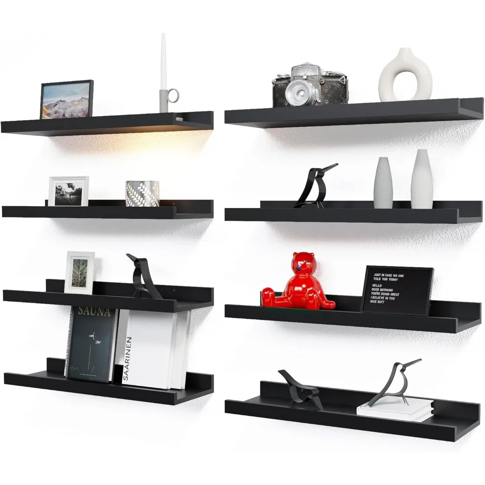 

8-Piece Floating Wall Shelves with Lip, Black Storage for Bedroom, Bathroom, Kitchen Decor