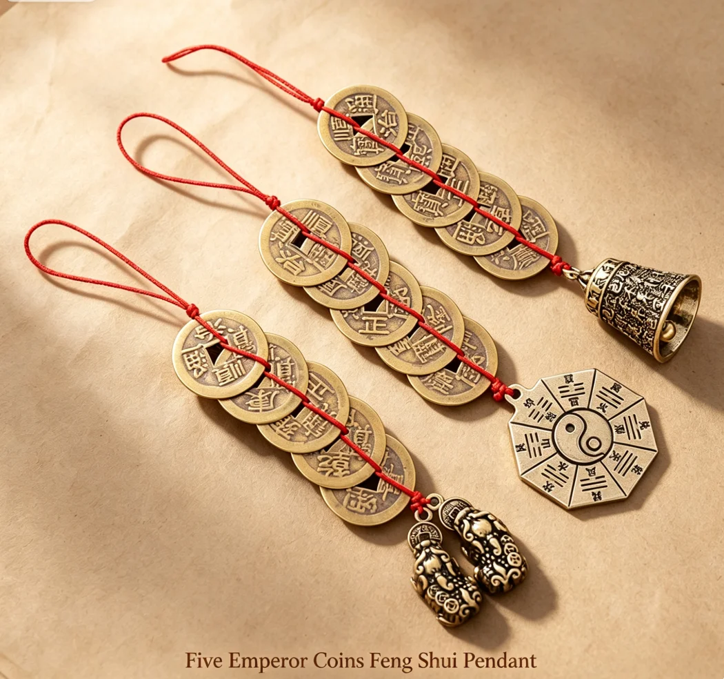 Chinese Five Emperor Coins Feng Shui Pendant, Pixiu Bagua Compass Charm Keychain,Car Hanging Ornament for Wealth Protection Gift