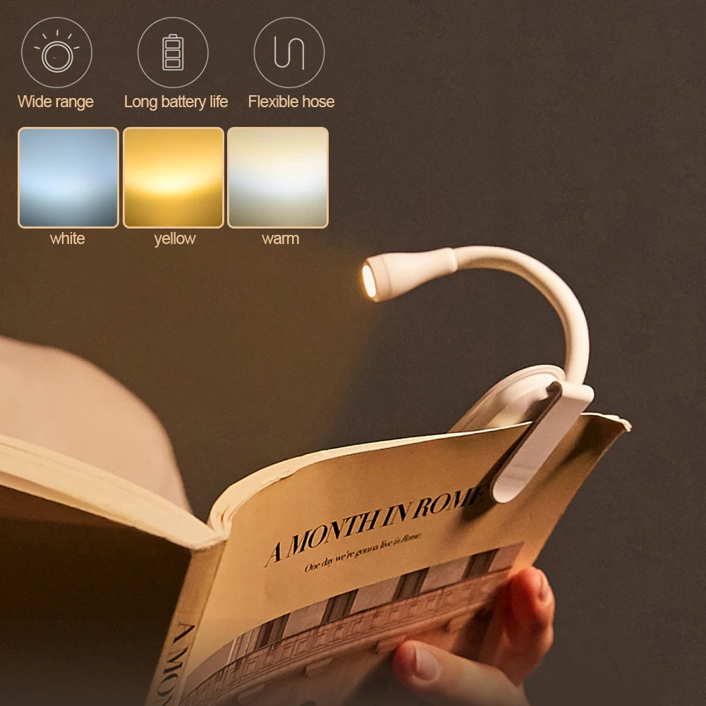 Mini LED Book Night Light Adjustable Clip 360° Flip Study Eye Protection Lamp Rechargeable 3 Color for Travel Bedroom Reading