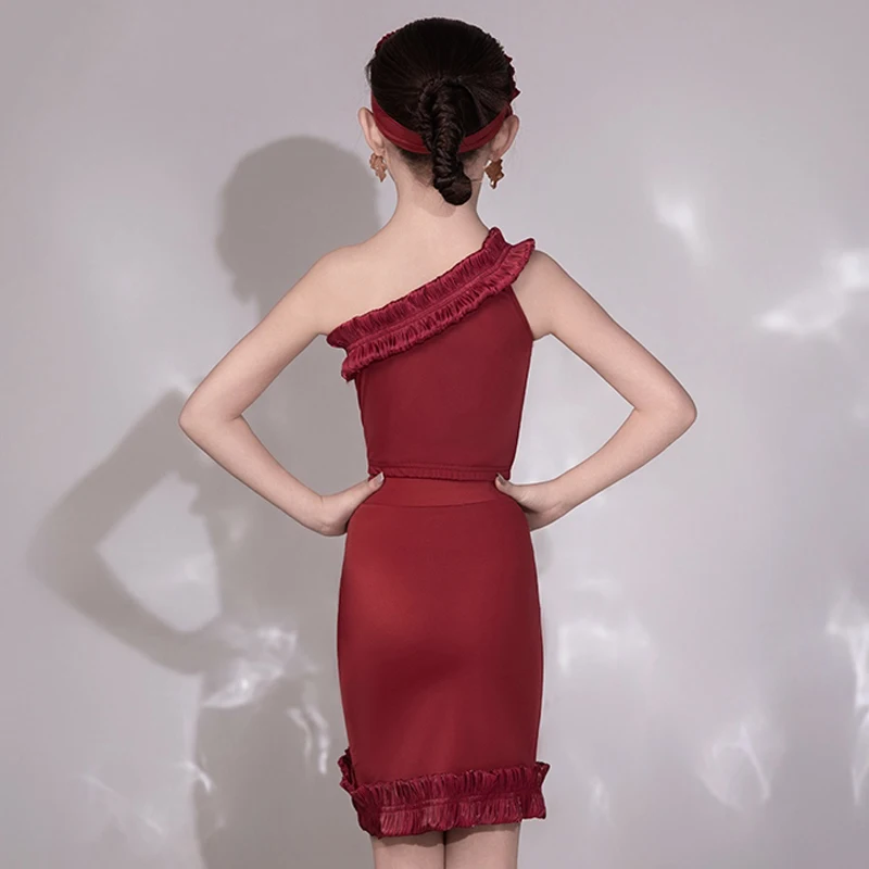 New Kids Latin Dans Kleding Meisjes Wijnrood Tops Rok Cha Cha Dans Praktijk Kleding Trainingspak Prestaties Kostuum BL14821