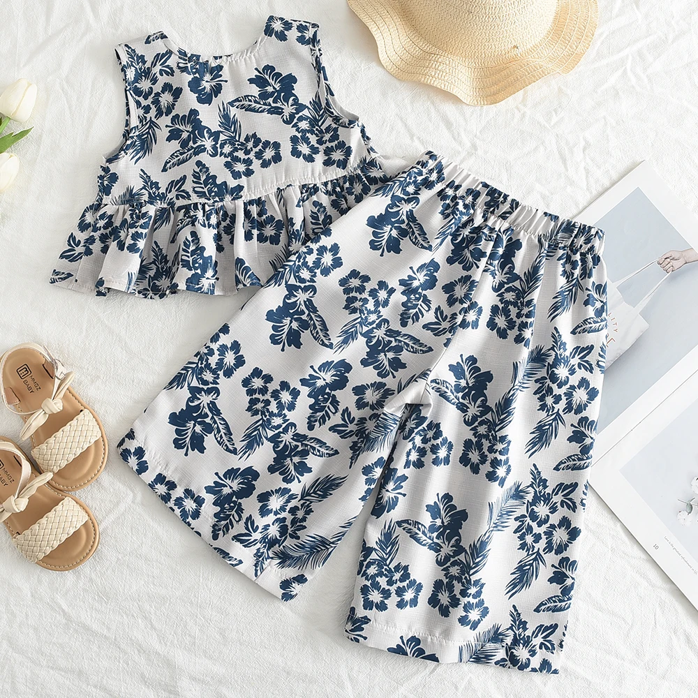 Summer New Fashionable Girl Sleeveless Printed Shirt+Wide Leg Pants Set with Retro Flower Style Two Piece Girl Clothing