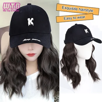 כובע פאה לנשים 12 אינץ 'גל בייסבול כובע פאה עם שיער מתולתל עם הרחבות שיער מתולתל פאה סינטטי שחור-חום