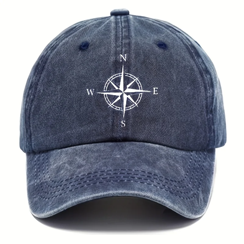 Vintage Washed Cotton Baseball Cap With Compass Print, Unisex Old Daddy Hat With Sun Protection, Adjustable Holiday Themed Casua