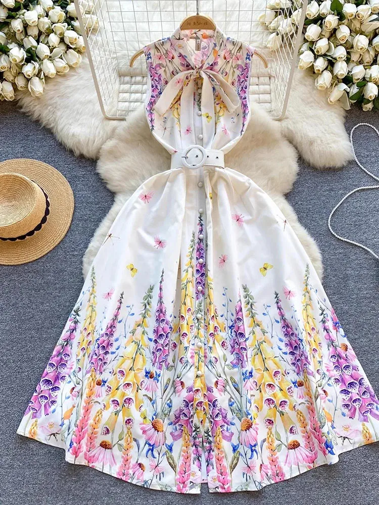 Women's Sleeveless Bow Neck Floral Print Belt Boho Vest Dress Runway Summer Holiday Single Breasted Flower Tank Party Vestidos