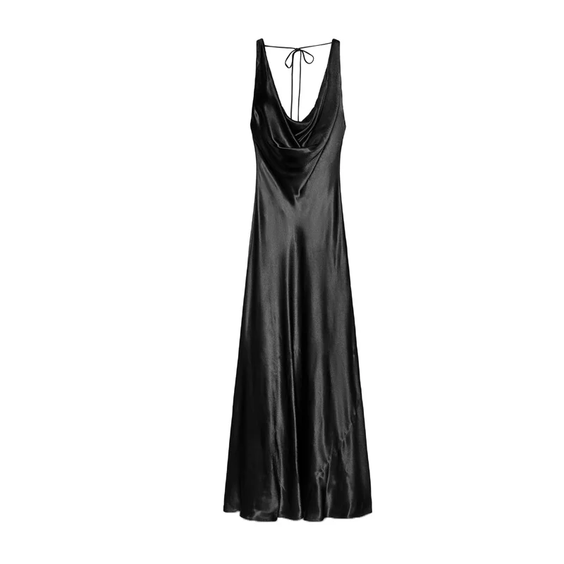 Novo Vestido Longo de Seda Satin para Mulheres, Estilo Saia em A, Decote Redondo, Psado, Cintura Alta, Sem Mangas, Adequad...