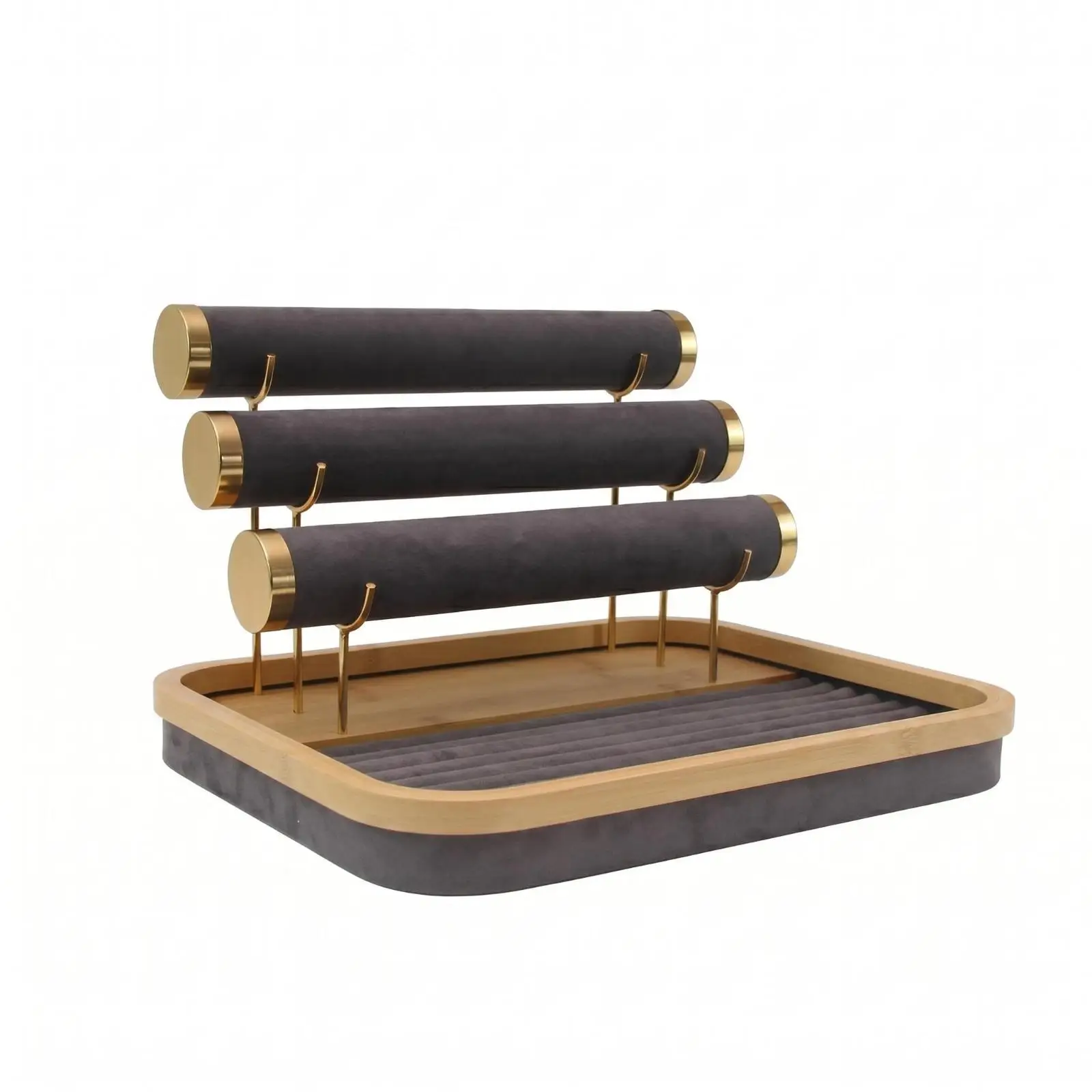 Jewelry Display Organizer Bamboo Multi-level Stand Velvet Tray Holder for Home Jewelry Arrangement