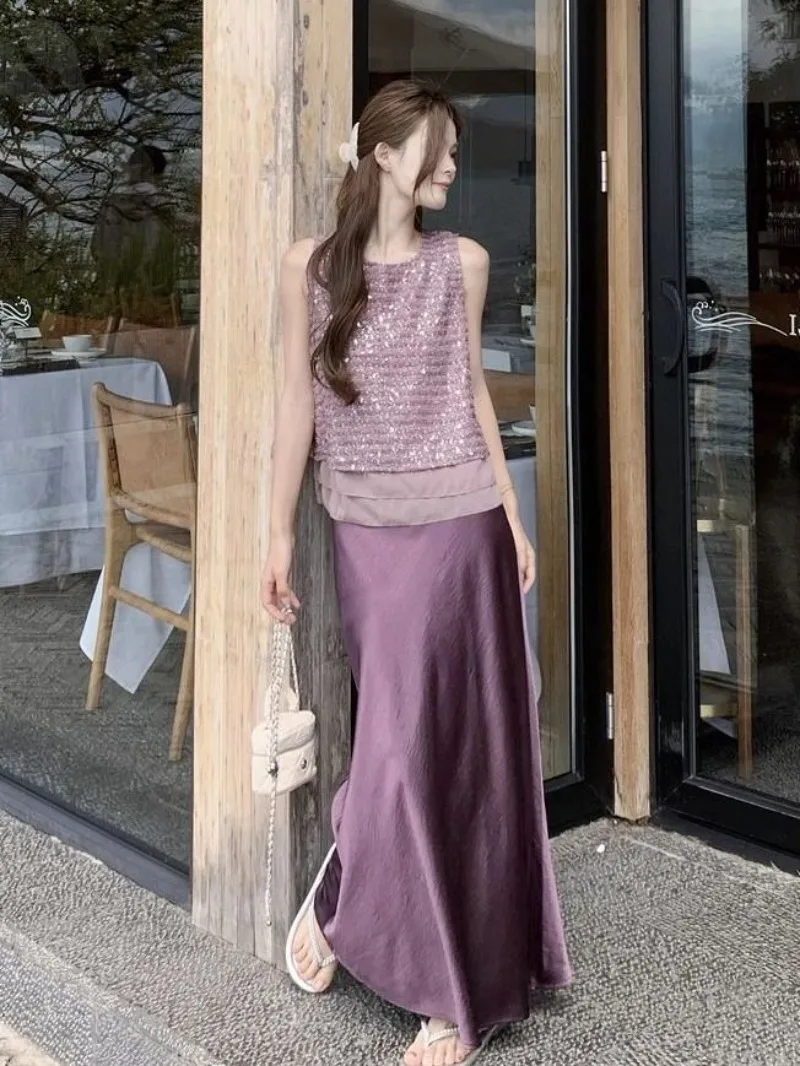 New High End Fashion Sequin Women's Two Piece Set Summer Elegant Sleeveless Vest Top + A-line Long Skirt Small Fragrance Suit