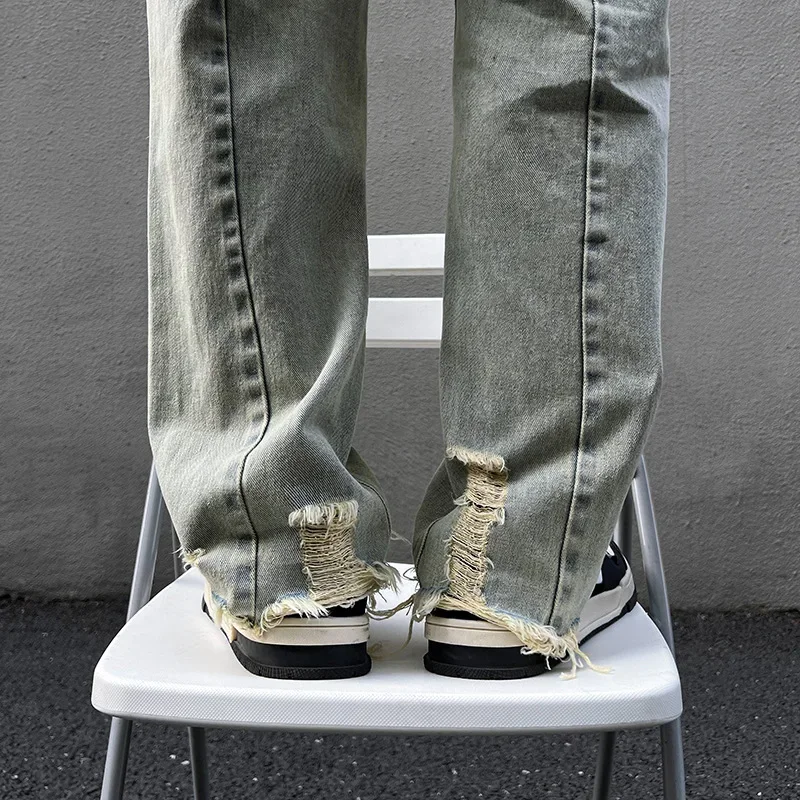 Mens Design Retro Jeans Worn Out High Waist Ripped Baggy Jeans Man Straight Pants Hip Hop Jeans Vintage Streetwear