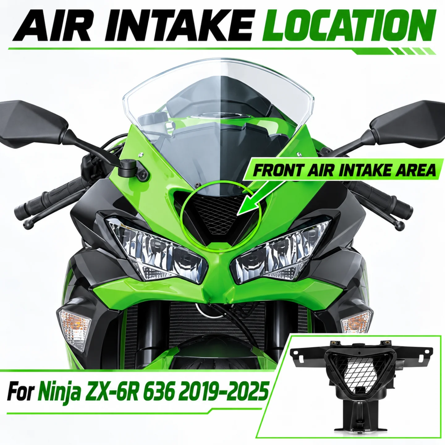 Motorcycle Air Intake Duct Assembly with Mesh Cover and Front Bracket For Ninja ZX-6R 636 2019–2025