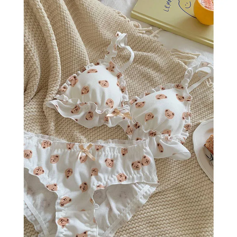 Leechee Underwear New Small Fresh Cute Sweet Cartoon Printed Bear Bra Set Small Fresh Girl Thin Bra Lingerie Set Sexy