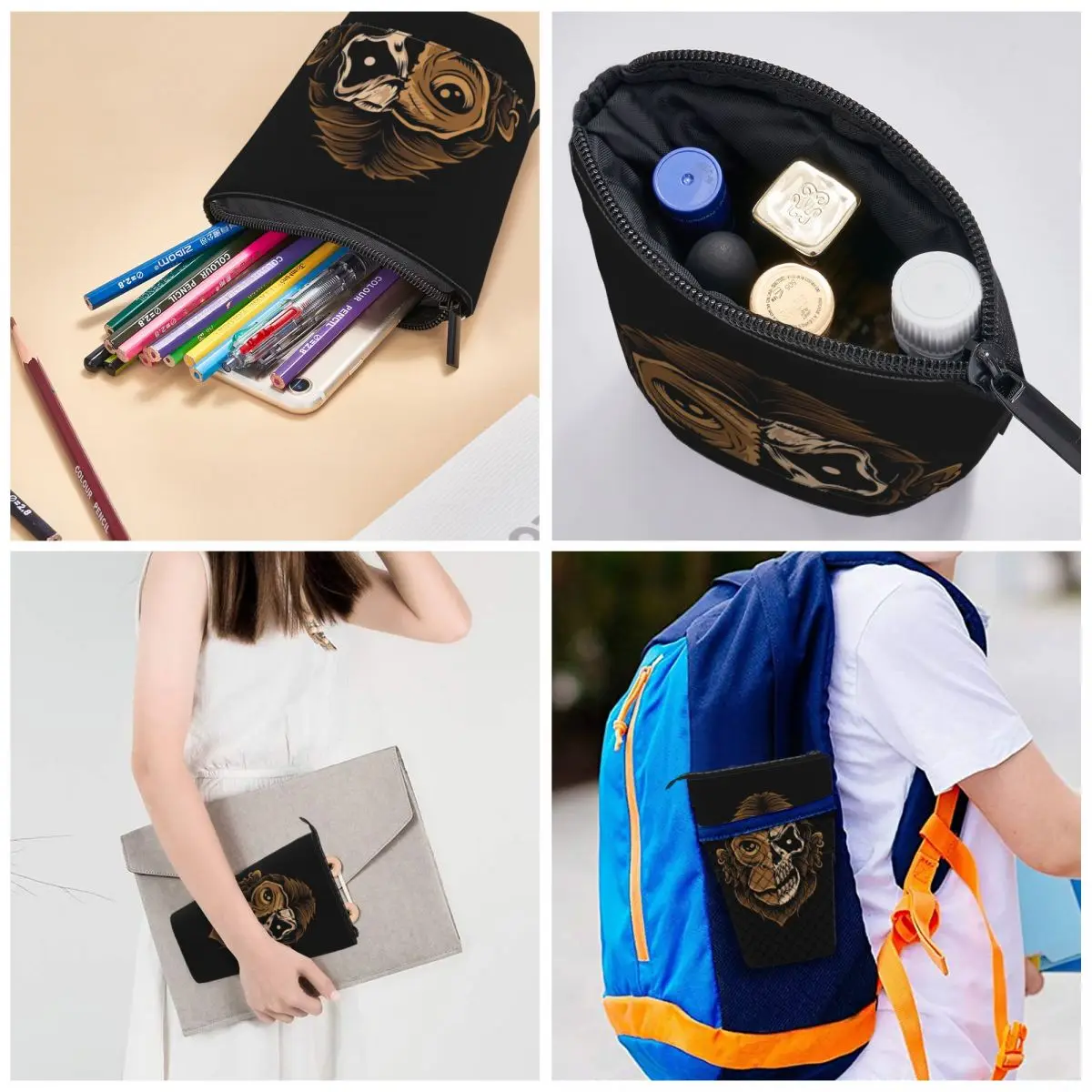 Cabeça De Crânio De Macaco Em Fundo Preto Pen Box Student School Zipper Pen Bag Estojo Lápis Retrátil Vertical