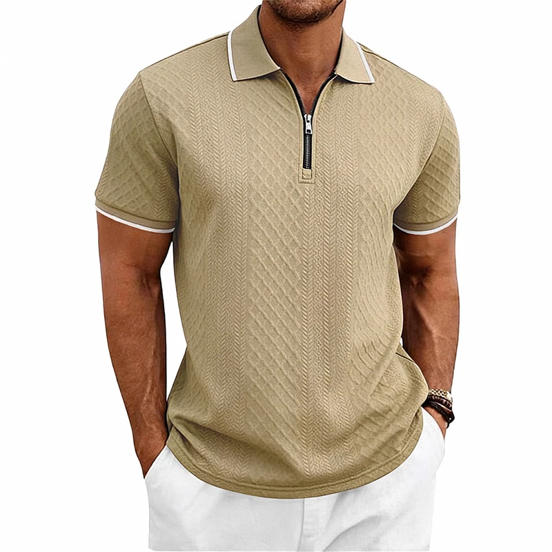 Summer Men's Casual Business Short Sleeve 9-Color Jacquard 1/4 Zip Polo Shirt | Textured Zip Short Sleeve Polo Top