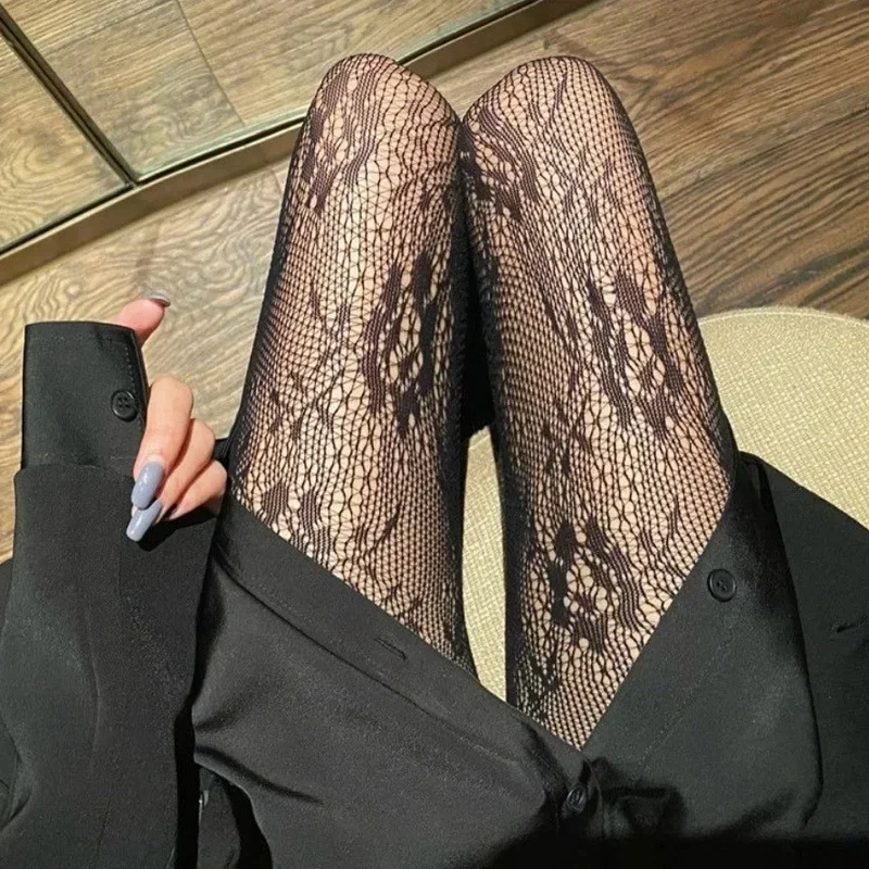 1 Pair Black Hollowed Out Lace Mesh Pantyhose Female Fishnets Floral Rattan Bottomed Stockings Party Luxury White Tights Women