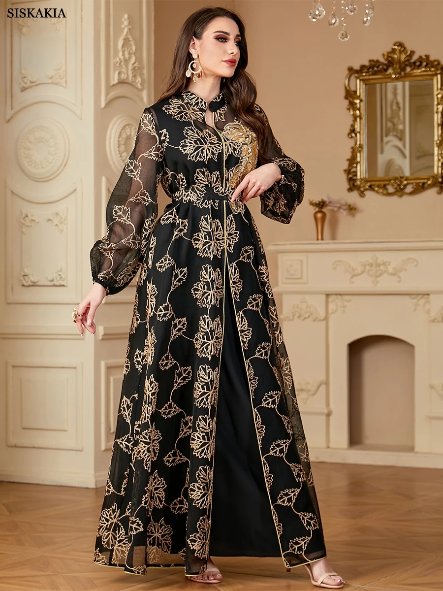 Siskakia Luxurious Women\'s Evening Dress With Long Sleeves Embroideried Floral Print Fashionable Diamonds V-Neck Elegant Abayas