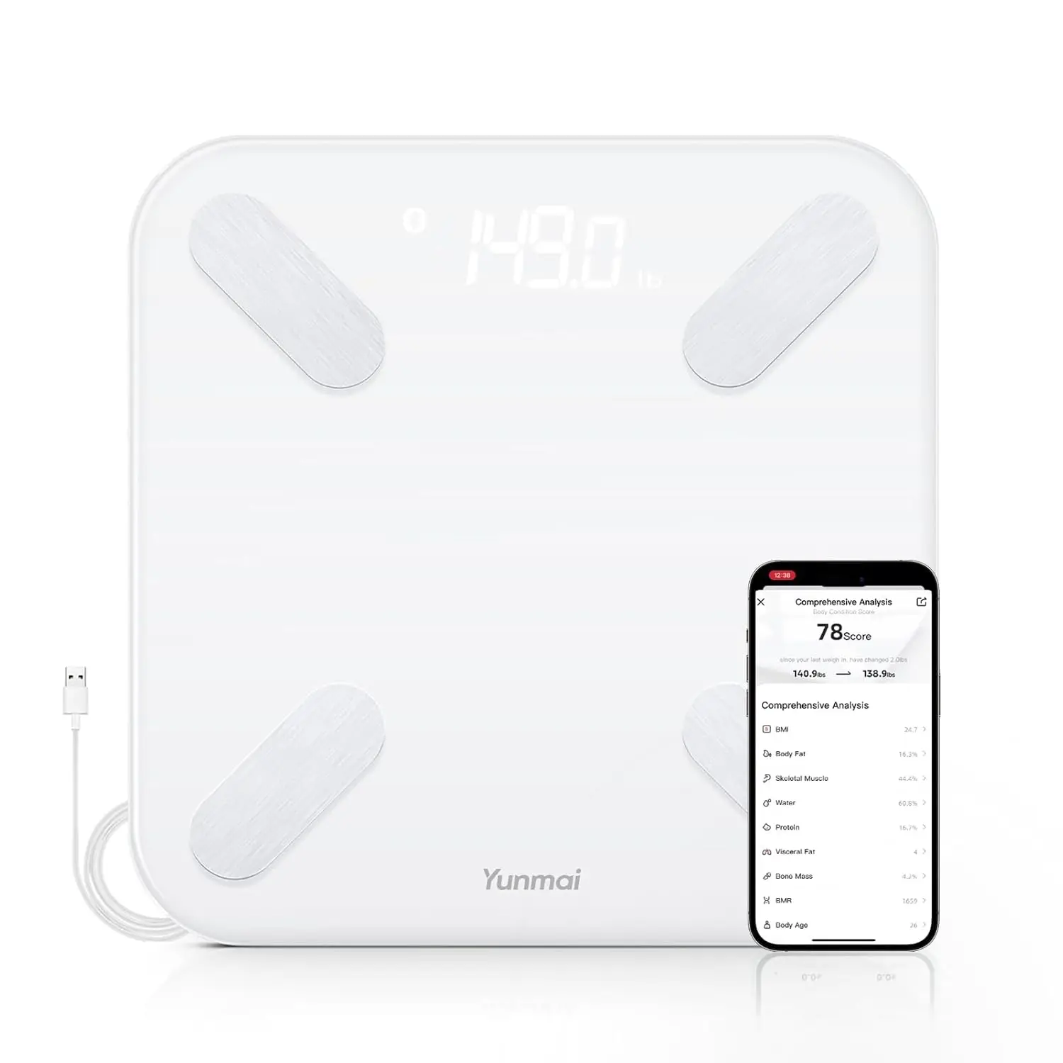 

Smart Body Scale with BMI, Fat, Muscle Analysis, Bluetooth Sync for Health Apps, Rechargeable up to 400lb