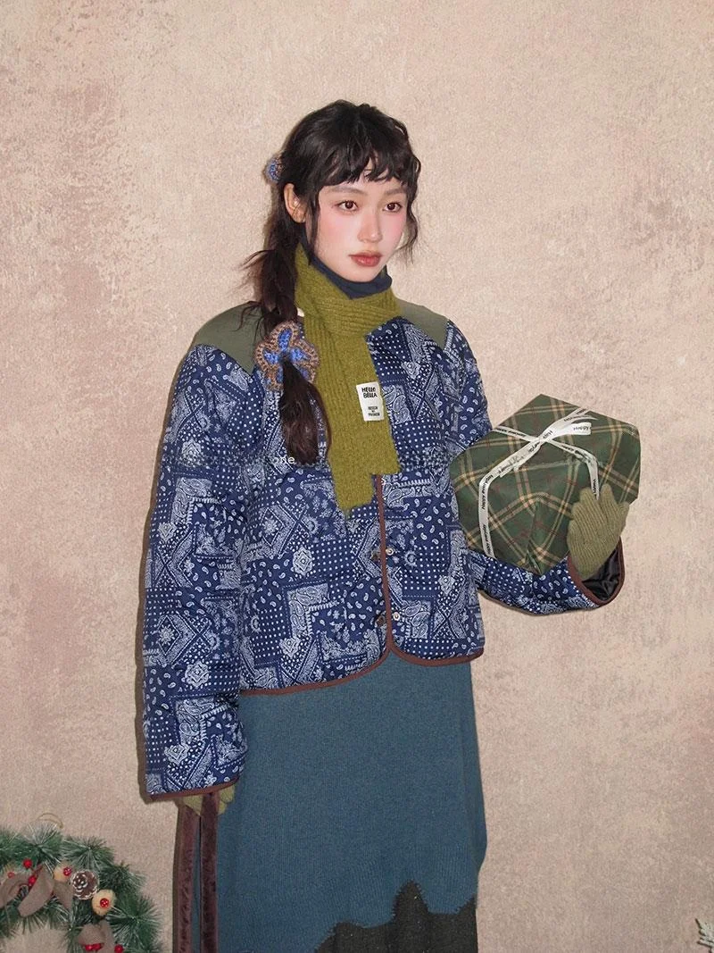 

Ретро-куртка из хлопка с контрастными цветами и цветочным принтом, свободного кроя, с круглым вырезом, теплая, в корейском стиле, женская зимняя модная одежда