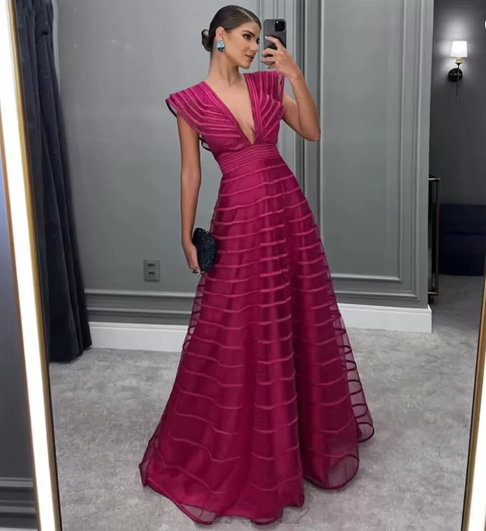 A-Line Fuchsia Formal Dresses Pleat Sleeveless Prom Gown for Woman Deep V-Neck Wedding Party Dress robe de bal Customized