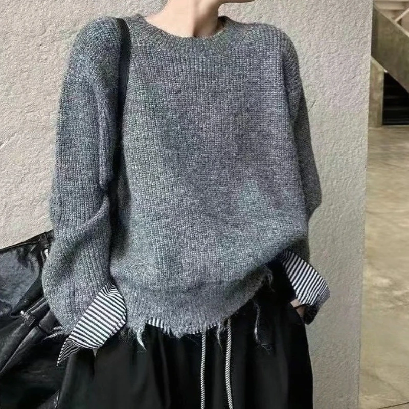 

Women Pullover Sweaters Knitted Casual Jumpers Solid Striped Patchwork holes tassel Long Sleeves Loose Streetwear 2025 Autumn