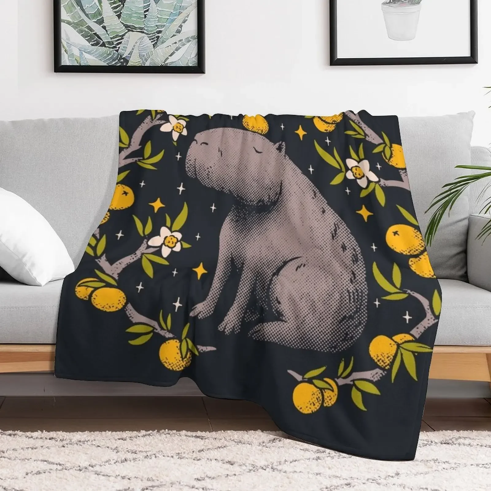 Capybara Cottagecore Aesthetic Chilling With Orange on Head | Goblincore Capy Yuzu Citrus Fruit Blossom Flowers Me Throw Blanket