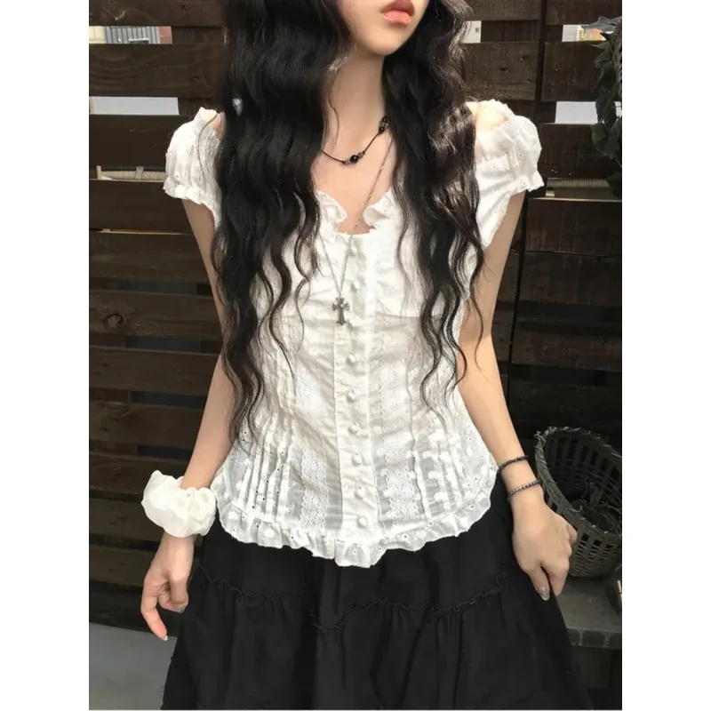 

Summer New Sle Pure Desire Slim Fit White irt Women's Button ort Sve Bubble Sve French Sle Faion irt