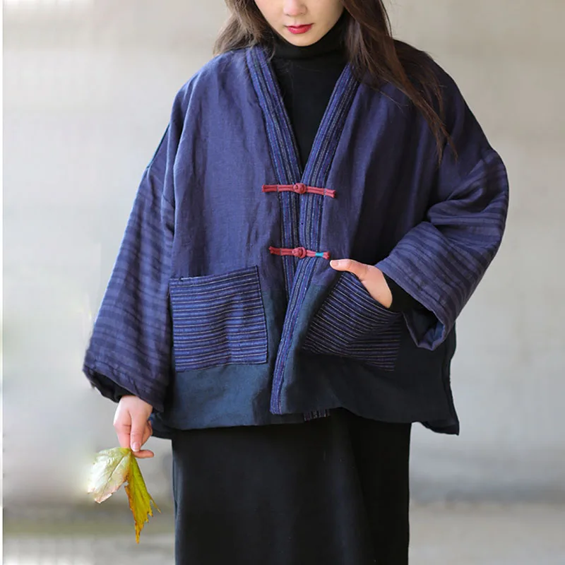 

Retro Japanese Korean Version Cotton Linen Patchwork V-Neck Casual Short Coat Women Hanfu Cardigan Linen Lightweight Down Jacket